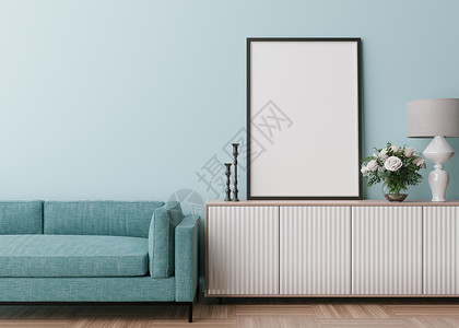 蓝色3d海报现代客厅浅蓝色墙上的空垂直相框 模拟现代风格的室内装饰 免费 复制图片空间 控制台 沙发 花瓶中的鲜花 3D 渲染背景