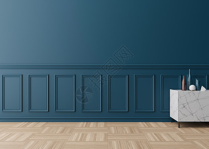 空荡荡的房间 蓝色的墙壁 装饰线条和镶木地板 只有墙壁 地板和餐具柜 模拟室内 免费复制您的家具 图片和其他物品的空间 3D 渲背景图片