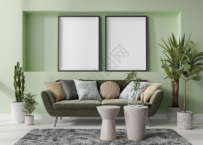 现代客厅绿墙上的两个空垂直相框 模拟现代斯堪的纳维亚风格的室内装饰 图片 海报的自由空间 沙发 桌子 地毯 植物 3D 渲染背景图片