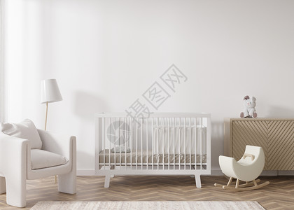 玩具图现代儿童房的空白墙 模拟斯堪的纳维亚风格的内饰 为您的图片或海报复制空间 床 扶手椅 玩具 舒适的儿童房 3D 渲染背景