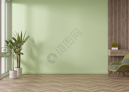 有镶木地板 绿色墙壁和空的空间的室 扶手椅 植物 模拟室内 为您的家具 图片 装饰品和其他物品提供免费 复制空间 3D 渲染背景图片