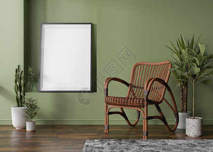 绿色植被图相框现代房间绿色墙上的空垂直相框 模拟斯堪的纳维亚 波西米亚风格的室内装饰 免费 为您的图片复制空间 藤制扶手椅 植物 3D 渲染背景