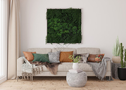 现代室内墙上挂着稳定的苔藓 绿色苔藓面板 漂亮的方形装饰元素 由稳定的植物制成 草 苔藓 蕨类植物和绿叶 3d 渲染控制板材料风背景图片