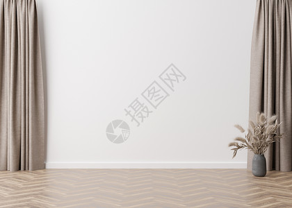 蒲牢空荡荡的房间 白色的墙壁和镶木地板 只有墙壁 地板和花瓶种着蒲苇 模拟室内 免费复制您的家具 图片和其他物品的空间 3D 渲染背景