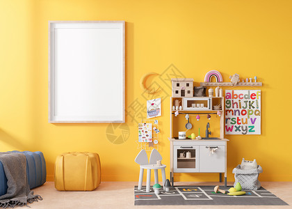 现代儿童房黄墙上的空垂直相框 模拟斯堪的纳维亚风格的内饰 免费 为您的图片复制空间 玩厨房 玩具 舒适的儿童房 3D 渲染背景图片