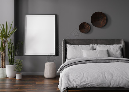 灰色植物现代卧室灰色墙上的空垂直相框 模拟现代风格的室内装饰 免费 为您的图片复制空间 床 植物 3D 渲染背景