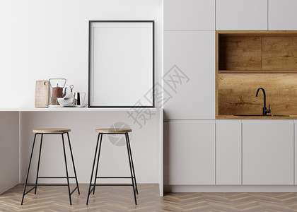 厨房素材免费站立在现代厨房的空的垂直的画框 模拟现代风格的室内装饰 为您的图片 海报免费复制空间 厨房 吧椅 镶木地板 3D 渲染背景