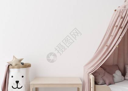 空床现代儿童房的空白墙 模拟斯堪的纳维亚风格的内饰 为您的图片或海报复制空间 床 桌子 玩具 特写视图 舒适的儿童房 3D 渲染背景