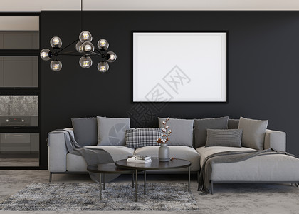 地毯海报现代客厅黑墙上的空水平相框 模拟现代阁楼风格的室内装饰 为您的图片 海报免费复制空间 沙发 地毯 台灯 3D 渲染背景