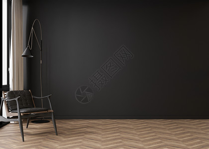 有镶木地板 黑墙壁和空的空间的室 扶手椅 台灯 模拟室内 为您的家具 图片 装饰品和其他物品提供免费 复制空间 3D 渲染背景图片
