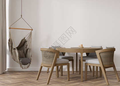 现代客厅的空白墙 模拟波西米亚风格的室内装饰 免费复制您的图片 文本或其他设计的空间 带椅子的桌子 悬挂的扶手椅 3D 渲染背景图片