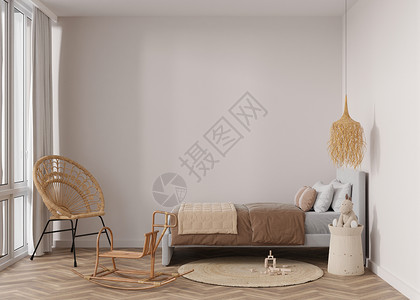 现代儿童房的空墙 模拟波西米亚风格的室内装饰 为您的图片或海报免费复制空间 床 藤椅 地毯 玩具 舒适的儿童房 3D 渲染背景图片