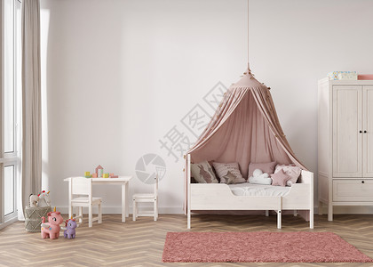 房间图现代儿童房的空白墙 模拟现代斯堪的纳维亚风格的室内装饰 为您的图片或复制空间 床 桌子 玩具 舒适的儿童房 3D 渲染背景