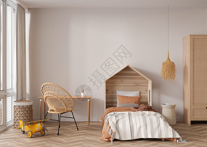 放荡不羁的现代儿童房的空墙 模拟波西米亚风格的室内装饰 为您的图片或海报免费复制空间 床 藤椅 玩具 舒适的儿童房 3D 渲染背景