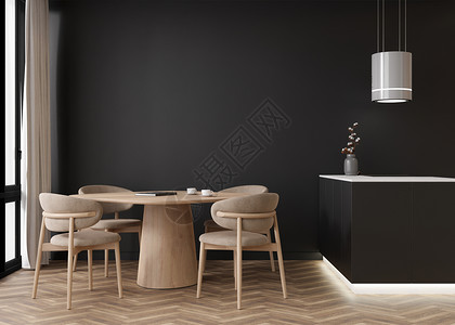 餐桌图现代客厅里空荡荡的黑墙 模拟现代风格的室内装饰 免费复制您的图片 文本或其他设计的空间 带椅子的餐桌 厨房 镶木地板 3D 渲染背景