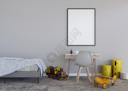 现代儿童房灰色墙上的空垂直相框 模拟现代斯堪的纳维亚风格的室内装饰 免费 为您的图片复制空间 床 书桌 玩具 舒适的儿童房 3D背景图片