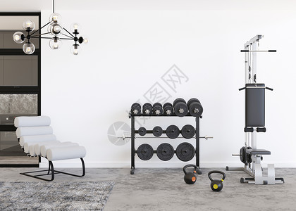 现代生活交图配备运动器材的现代客房 当代室内 健康的生活方式 运动 在家训练的概念 保持身体健康 家庭健身房 3D 渲染背景