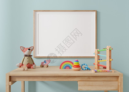 桃花海报图片现代儿童房的蓝色墙上挂着空的水平相框 现代风格的框架模拟 免费 复制图片 海报的空间 毛绒和木制玩具 特写视图 3D 渲染背景
