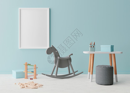 马玩具现代儿童房蓝色墙壁上的空垂直相框 模拟斯堪的纳维亚风格的内饰 免费 为您的图片复制空间 摇马 桌子 玩具 舒适的儿童房 3D 渲背景