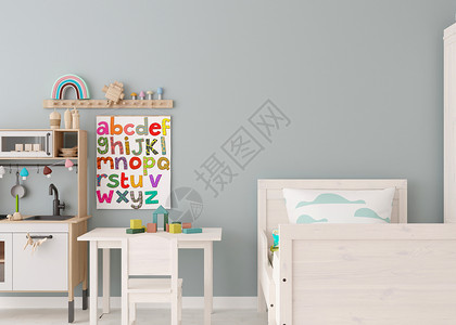 玩具图现代儿童房的空墙 模拟斯堪的纳维亚风格的内饰 为您的图片或海报复制空间 床 桌椅 玩具 舒适的儿童房 3D 渲染背景
