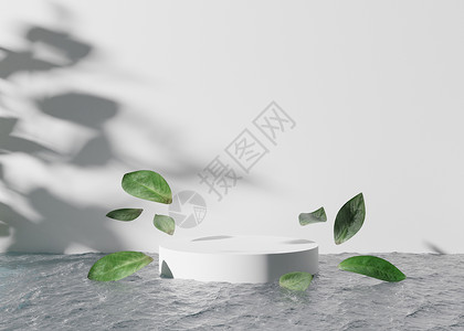 白色的圆形讲台立在水中 树叶在空中飘扬 产品 化妆品展示的天然讲台 小样 美容产品的基座或平台 空旷的场景 3D 渲染背景图片
