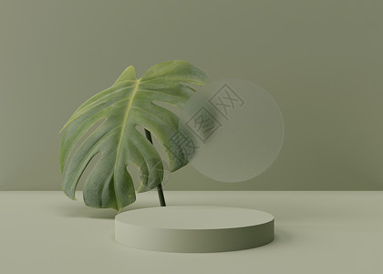 有热带叶子的绿色圆的讲台在绿色背景 产品 化妆品展示台 小样 美容产品的基座或平台 空旷的场景 3D 渲染展览广告陈列室奢华植物背景图片