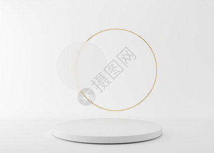 圆形白色讲台 白色背景上有金戒指 产品 化妆品展示台 小样 美容产品的基座或平台 空旷的场景 3D 渲染背景图片