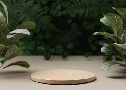背景有树叶和植物的木制讲台 产品 化妆品展示台 自然模拟 美容产品的基座或平台 空旷的场景 3D 渲染背景图片