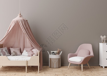 房间图现代儿童房的棕色空墙 模拟斯堪的纳维亚风格的内饰 为您的图片 海报免费复制空间 床 玩具 舒适的儿童房 3D 渲染背景