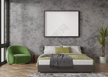 绿色植被图相框现代卧室混凝土墙上的空水平相框 模拟现代风格的室内装饰 为您的图片 海报免费复制空间 床 植物 绿色扶手椅 3D 渲染背景