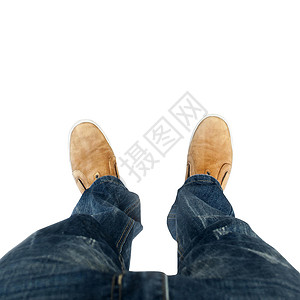 穿鞋的脚腿顶视图 在白色背景上穿鞋的腿的顶部视图 穿靴子的人牛仔裤旅行街道男性地面成人插图旅游皮革鞋类插画