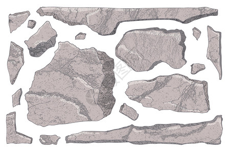 瓦砾滩石头套装 卡通艺术破碎的岩石块 逼真的纹理碎片山隔离在白色 天然巨石墙形状 水彩风格 崖滩彩石 矢量图考古学家地面巨石岩石土壤卡插画