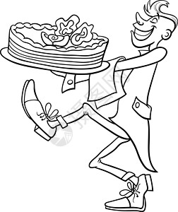 好吃的卡通蛋糕提供大蛋糕彩色页面的卡通服务服务员插画