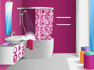 粉色浴室插图背景 有淋浴浴盆和水槽高清图片
