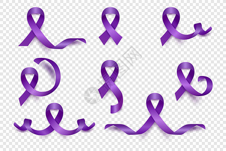 矢量 3d 逼真的紫色丝带集 胰腺癌意识符号特写 癌症丝带模板 世界胰腺癌日概念幸存者药品帮助女性卡片抗癌插图胰腺环形保健插画