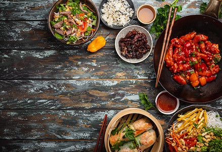 各种中国菜盘盘子春卷包子蔬菜豆腐送货旅行资源餐厅油炸背景图片