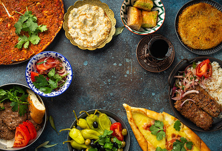 土耳其土族传统食物餐厅家庭甜点菜单盘子烧烤火鸡美食午餐蔬菜背景图片