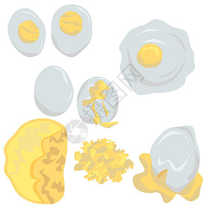 鸡蛋炒双菇一套不同的烹饪鸡蛋 荷包蛋 软煮鸡蛋 煎蛋 煎蛋卷 炒蛋的方法 健康的有机早餐插画