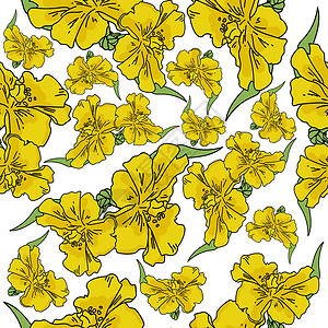 黄色花朵 绿色叶叶无缝模式 白底彩色艺术 矢量插图背景图片