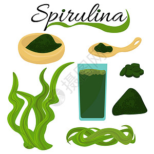 海藻食品Spirulina超食品 粉末 海藻和健康海洋食品胶囊插画