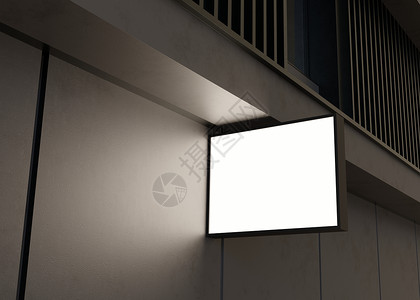 添加标志素材空白的招牌模拟 在立面上 复制商店标志或徽标的空间 现代空旷的户外标牌 添加公司标志的样机 商店招牌 黑墙上的照明灯箱 3d 渲背景