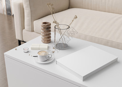 家居宣传画册封面图片白书封面模拟咖啡杯 花瓶和白色桌子上的其他家居饰品 您设计的的空白模板 书籍或目录封面介绍 3D 渲染背景