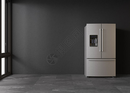 双门冰箱冰箱站在空荡荡的房间里 为文本或其他对象释放 复制空间 家用电器 现代厨房用具 双门不锈钢冰箱 冰柜 3d 渲染电气合金家庭安全背景