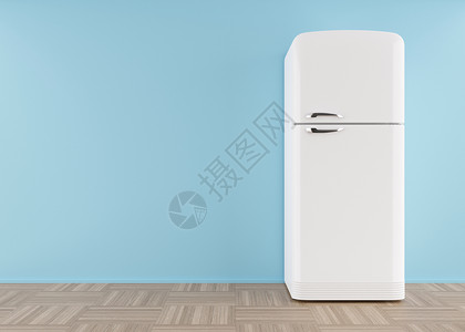 冰柜3d素材冰箱站在空荡荡的房间里 为文本或其他对象释放 复制空间 家用电器 现代厨房用具 带冰柜的白色冰箱 3d 渲染背景