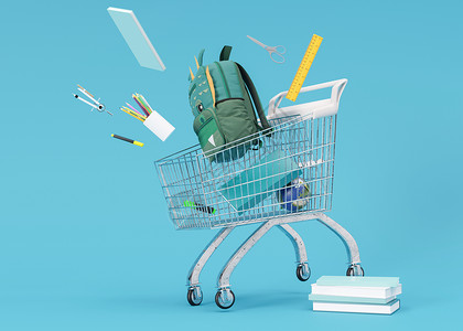 背包广告购物车 蓝色背景的带学校文具的手推车 为学校购物 销售学校用品 回到学校的概念 购物 好优惠 3D 渲染背景