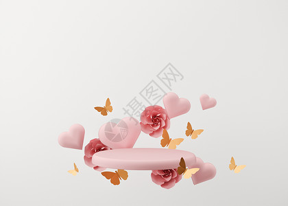 女神节首图有飞翔的心 花和蝴蝶的粉红色讲台 妇女节 母亲节 婚礼 周年纪念日 产品 化妆品展示平台 小样 美容产品的基座 3D渲染背景
