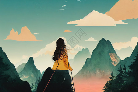 旅行 女童穿越山区和南部的瀑瀑处女性运动自由森林女孩远足者天空活动成人假期背景图片