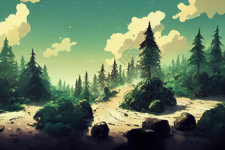 动画风景素材有石头的森林景观 手绘图画 动画风格背景