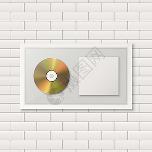 颁发奖杯现实矢量 3d 黄色金色CD 包装 白砖墙背景的白框架封面 单相册集压缩磁盘奖 有限版 设计模板插画