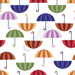 彩色的雨伞图案无缝的秋季图案 色彩缤纷的蓝色 红色 橙色 棕色 紫色 绿色的雨伞 以白色背景中突显的平面风格孩子绘画气候包装夹子纺织品打印服饰插画